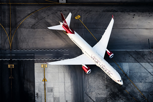 Aerial view of a Virgin Atlantic 787 Dreamliner pulling into the gate at LAX. Aircraft registration: G-VMAP