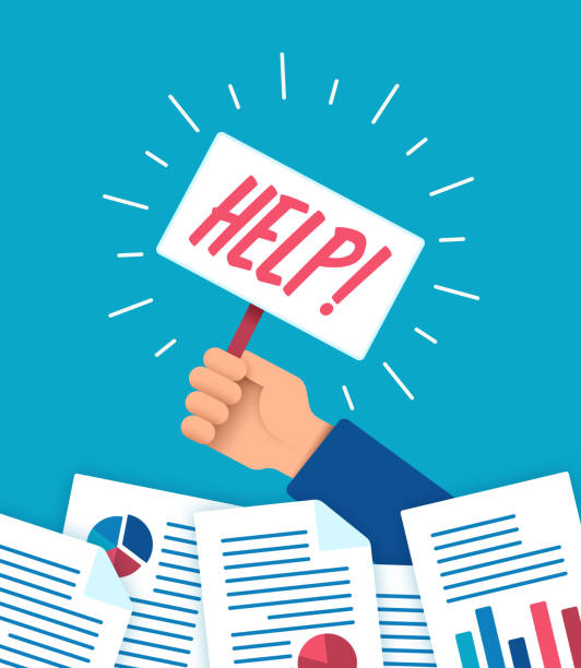 A Person Buried Under a Pile of Paperwork A person buried under a pile of paperwork holding up a sign asking for help. bureaucracy stock illustrations