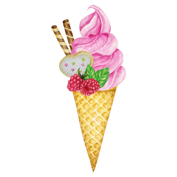 illustrations, cliparts, dessins animés et icônes de glace à la framboise dans un cornet de gaufre décoré de gaufres au chocolat, de baies, de biscuits et de bonbons. illustration rose d’aquarelle de crème glacée de fruit isolement sur le fond blanc - raspberry ice cream close up fruit mint