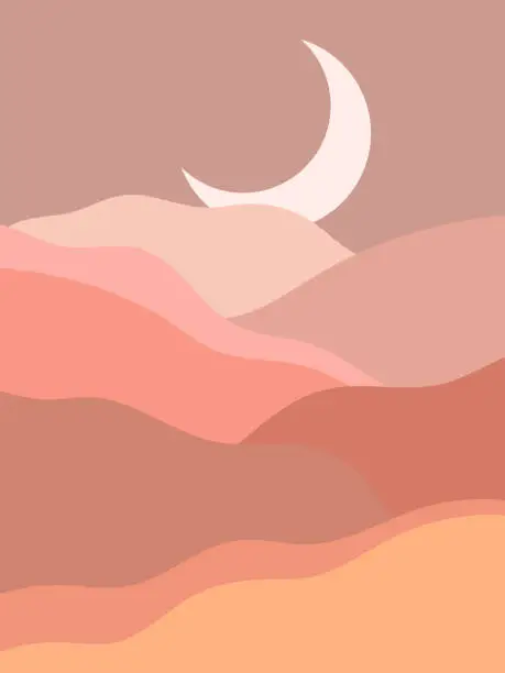 Vector illustration of Abstract contemporary aesthetic background with landscape, desert, mountain, Moon. Earth tones, burnt orange, terracotta colors. Boho wall decor. Mid century modern minimalist art print. Organic shape