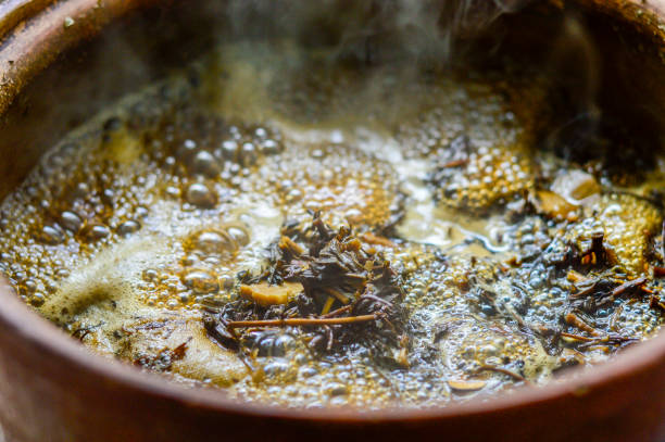 Boiling Chinese herbal medicine soup in clay pot. stock photo
