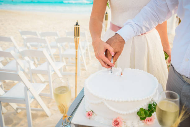istock Newlyweds cut a round wedding cake close-up. 1227259478