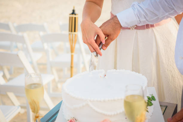 istock Newlyweds cut a round wedding cake close-up. 1227259605