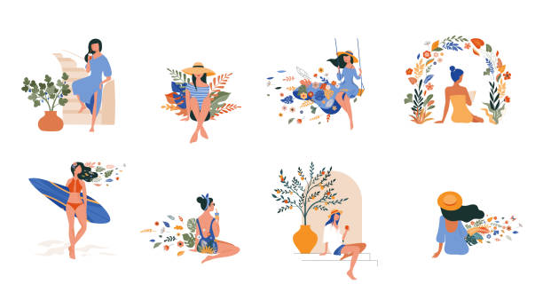 wakacyjny nastrój, kobieca ilustracja koncepcyjna, piękne kobiety w różnych sytuacjach, na plaży, siedzące przy basenie, czytanie książek. konstrukcja wektora w stylu płaskim - book reading dress women stock illustrations