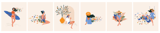 настроение отдыха, женская концепт-иллюстрация, красивые женщины в разных ситуациях, на пляже, сидя у бассейна, читая книги. плоский дизайн � - book reading dress women stock illustrations