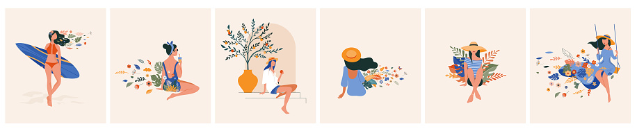 Vacation mood, feminine concept illustration series, beautiful women in different situations, on the beach, sitting near the pool, reading books. Flat style vector design