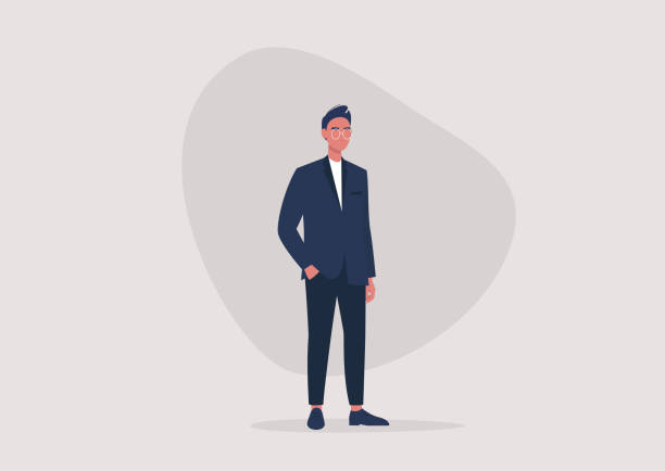 A full length illustration of a young male character wearing a formal business suit, millennial lifestyle, men fashion A full length illustration of a young male character wearing a formal business suit, millennial lifestyle, men fashion men illustrations stock illustrations