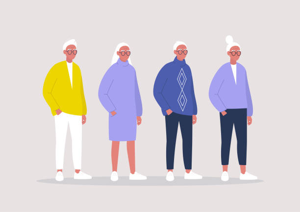 illustrations, cliparts, dessins animés et icônes de un groupe de personnages aînés féminins et masculins à la retraite portant des vêtements occasionnels, une génération plus âgée de personnes - vieillir illustrations