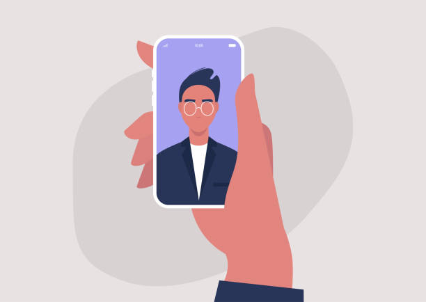 A portrait of a young male character on a mobile screen, millennial lifestyle, gadgets, online video call A portrait of a young male character on a mobile screen, millennial lifestyle, gadgets, online video call hand holding phone stock illustrations