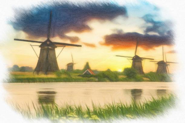 Traditional dutch windmills and houses