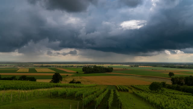 Time lapse shot of stormy clouds flowing over wine-growing country