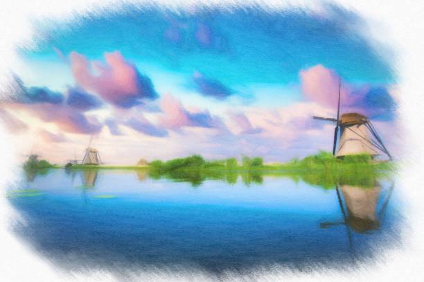 Traditional dutch windmills and houses