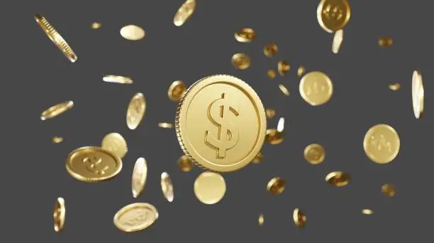 3D, Rendering. Realistic Gold coins explosion. Flying and Many gold dollar coins Floating in the air. There is space for the copy space. With a shallow depth of field.