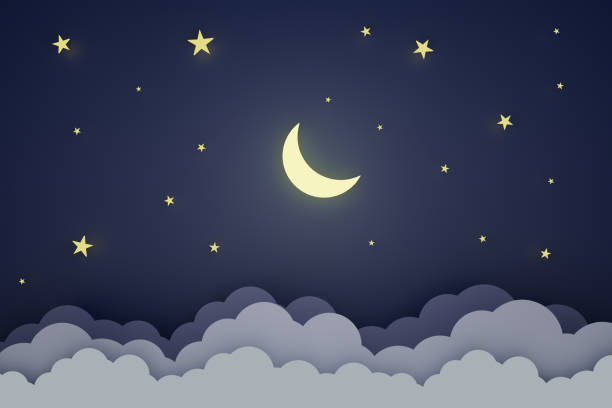 3D Render. The crescent moon and stars shine and the cloudy night sky. Mystical Night sky background. Paper art style. Picture ideas for sleeping well or lulling children to bed, suitable for children renderizado 3d. la luna creciente y las estrellas brillan y el cielo nocturno nublado. fondo del cielo de la noche mística. estilo de arte de papel. ideas de imagen para dormir bien o adormecar a los niños en la cama, adecuado para los niños