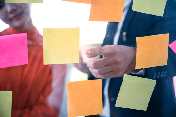 istock Business couple   meeting at office and use post it notes to share idea. 1227270983