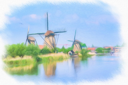 Traditional dutch windmills and houses