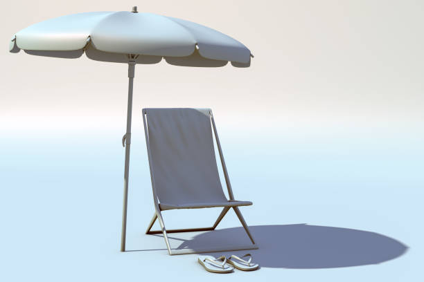 3D rendering of summer concept. White chaise lounge, flip flops and umbrella on white background, Sunlight, travel. No vacation this summer. Border closure, travel restrictions. Copy space.
