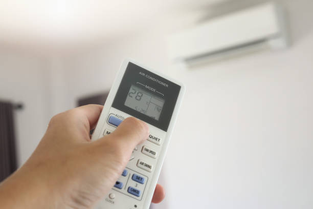 istock Hand with remote control directed on air conditioner inside the room 1227272757