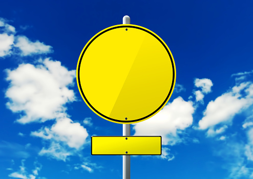 3D illustration of a blank yellow circular sign in the blue sky