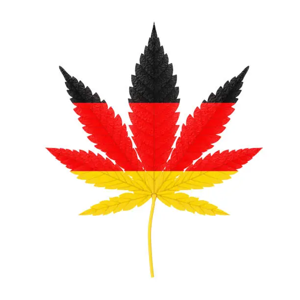 Medical Marijuana or Cannabis Hemp Leaf with Germany Flag Colors on a white background. 3d Rendering
