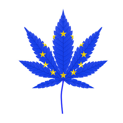 Medical Marijuana or Cannabis Hemp Leaf with European Union Flag Colors on a white background. 3d Rendering