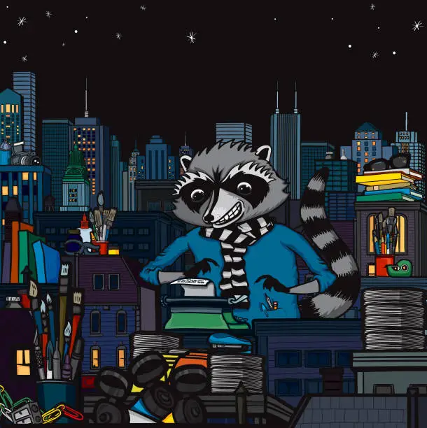 Vector illustration of GIANT RACCOON WORKING LATE IN THE CITY SQUARE COMPOSITION