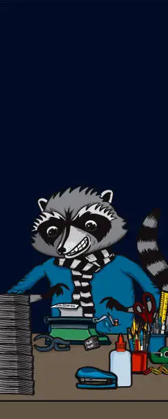 Vector illustration of RACCOON WORKING LATE VERTICAL WEB BANNER DESIGN