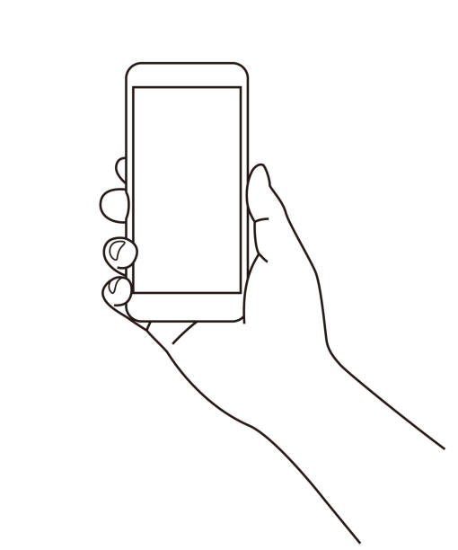 ilustraciones, imágenes clip art, dibujos animados e iconos de stock de sosteniendo un teléfono celular (teléfono móvil) a mano, ilustración de línea - dispositivo de información móvil ilustraciones