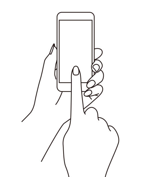 stockillustraties, clipart, cartoons en iconen met het houden en gebruiken van een celtelefoon (mobiele telefoon) bij de hand, lijnillustratie - menselijke hand illustraties