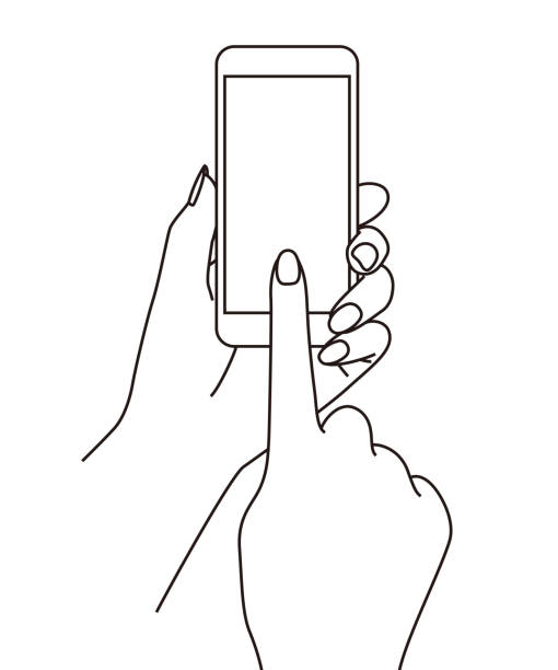 Holding and using a cell phone (mobile phone) at hand, line illustration Holding and using a cell phone (mobile phone) at a hand, line illustration, graphic element human finger illustrations stock illustrations