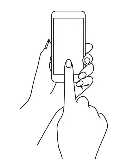 Vector illustration of Holding and using a cell phone (mobile phone) at hand, line illustration