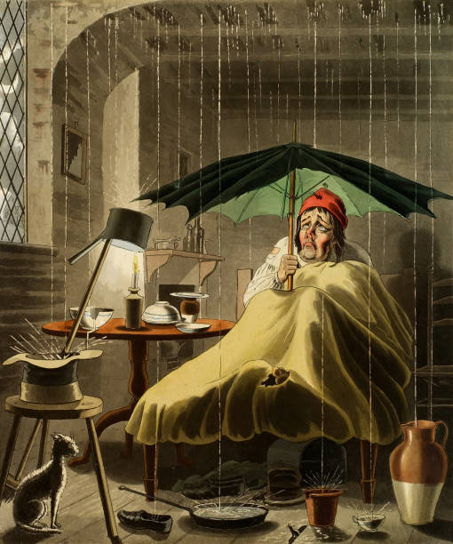 Man with Umbrella Under a Leaky Roof Vintage illustration shows a caricature of a man seated and holding an umbrella in a room with a leaking roof. ceiling illustrations stock illustrations
