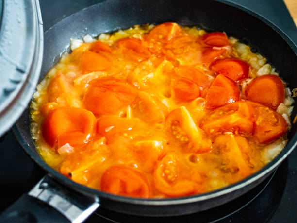 istock Chicken ragout with tomatoes, pepper and onion in cooking pan 1227283857