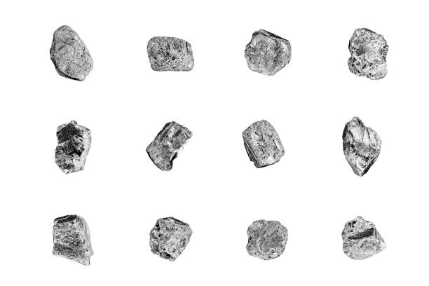 istock Silver stones set white background isolated closeup, iron mine nugget collection, gray metallic rock samples texture, raw metal ore pieces, group shiny grey lumps, natural mineral chunk, rough rubbles 1227286036