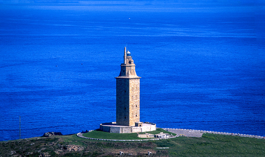 Aerial photo of the Torre de Hercules lighthouse of Roman origin and World Heritage Site in Galicia Spain