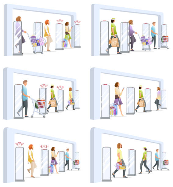 illustrations, cliparts, dessins animés et icônes de ensemble de cas de vol à l’étalage avec des barrières de capteurs antivol. le système signale le vol. système de sécurité détecter code-barres et aviser. pas de signal des portes. les gens passent par des capteurs. vecteur, illustration. - voleur à létalage