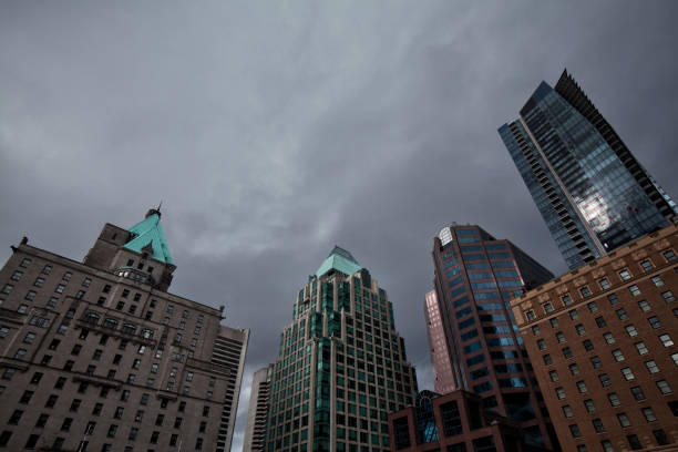 Downtown skyscrapers at Robson Square in Spring on a rainy afternoon.