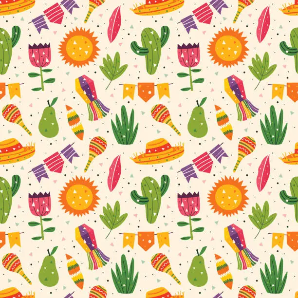 Vector illustration of Mexico holiday. Little cute decor, sombrero, maracas, cactus, sun, flags, pear, leaves and grass. Mexican party. Latin America culture. Flat colourful vector seamless pattern, texture, background.