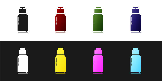 ilustrações de stock, clip art, desenhos animados e ícones de set canteen water bottle icon isolated on black and white background. tourist flask icon. jar of water use in the campaign. vector illustration - military canteen