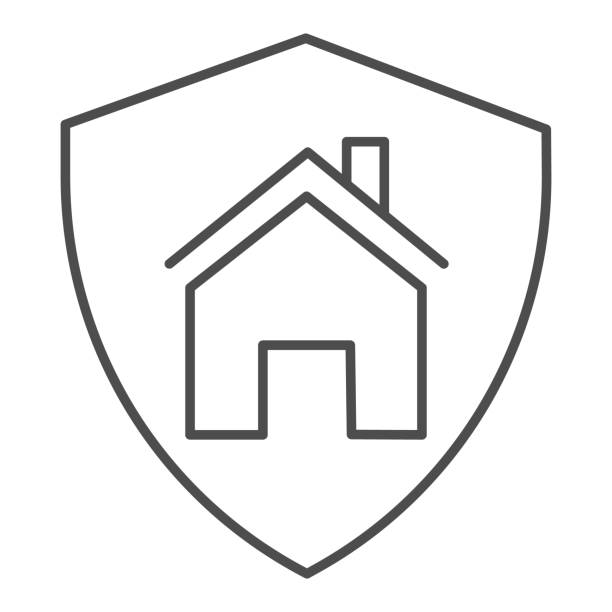 ilustrações de stock, clip art, desenhos animados e ícones de house in secure shield thin line icon, self isolation concept, home protection sign on white background, building in safety symbol icon in outline style for mobile, web design. vector graphics. - construction apartment house in a row