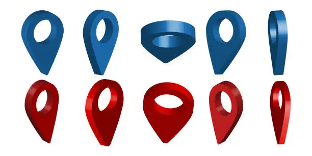 Vector illustration of Vector pin icon in 3D format. Red and blue pointer position. Stock template.