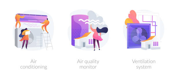 Airing system cleaning vector concept metaphors. Indoor weather and climate control technology. Cooling and heating appliance. Air conditioning, air quality monitor, ventilation system metaphors. Vector isolated concept metaphor illustrations. air quality stock illustrations