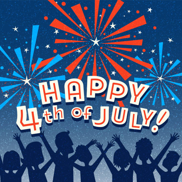 Retro Happy 4th of July design with family watching fireworks. Retro Happy 4th of July design with family watching fireworks. For social media, greeting cards, web page banners, posters. firework display pyrotechnics celebration excitement stock illustrations