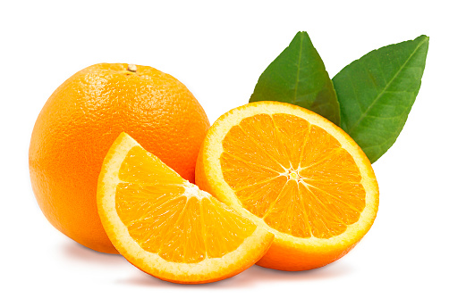 Orange fruit and peels - white background.