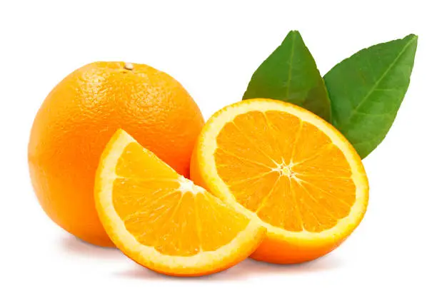 Photo of Whole, cross section and quarter of fresh organic navel orange with leaves in perfect shape on white isolated background, clipping path. Orange have vitamin c, sweet and delicious. Fresh fruit concept