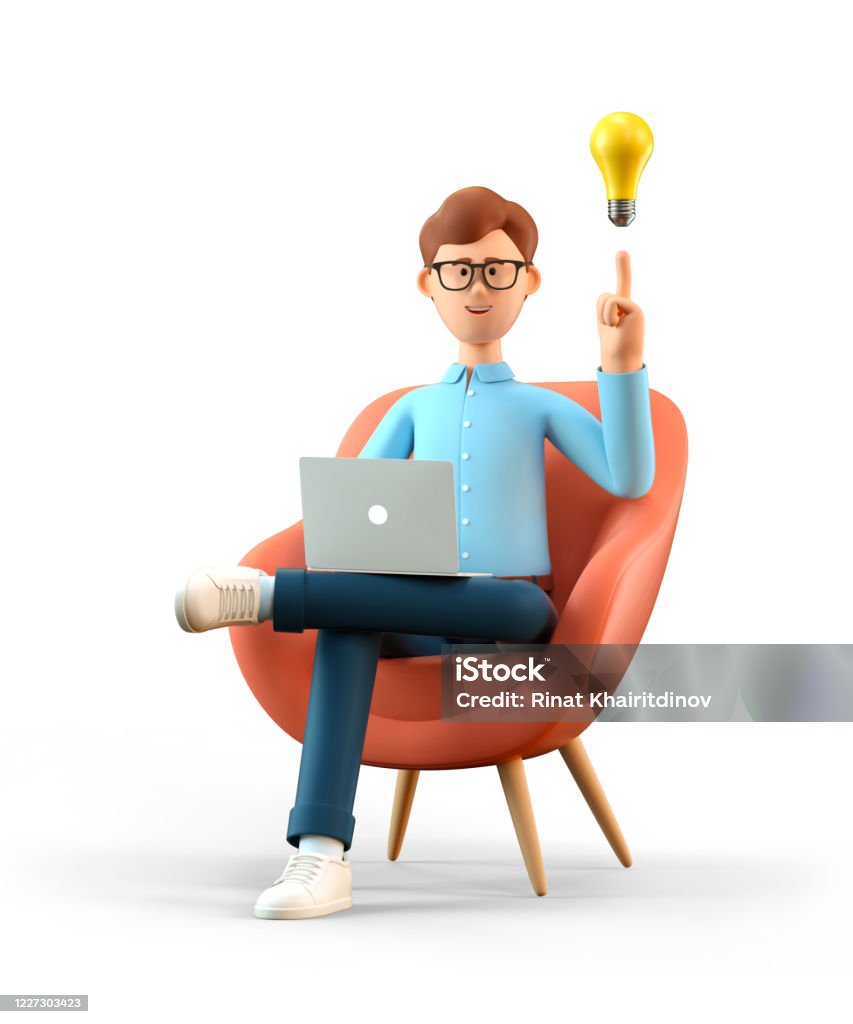 3D illustration of smiling man with laptop and bulb over head, sitting in armchair. Cartoon businessman creating new good ideas or thoughts, working in office, isolated on white. Three Dimensional Stock Photo