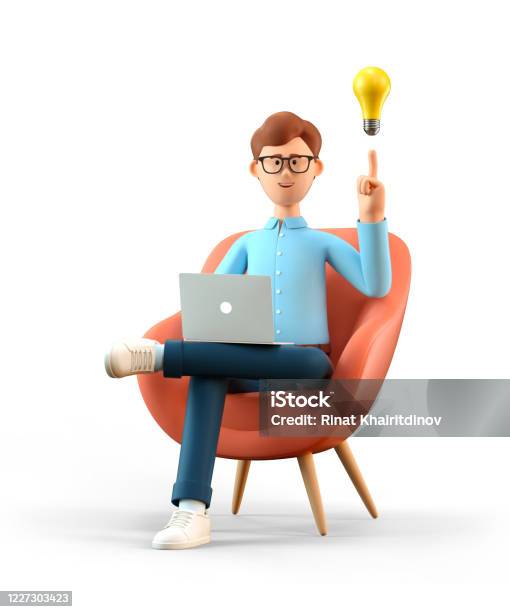 3d Illustration Of Smiling Man With Laptop And Bulb Over Head Sitting In Armchair Cartoon Businessman Creating New Good Ideas Or Thoughts Working In Office Isolated On White Stock Photo - Download Image Now