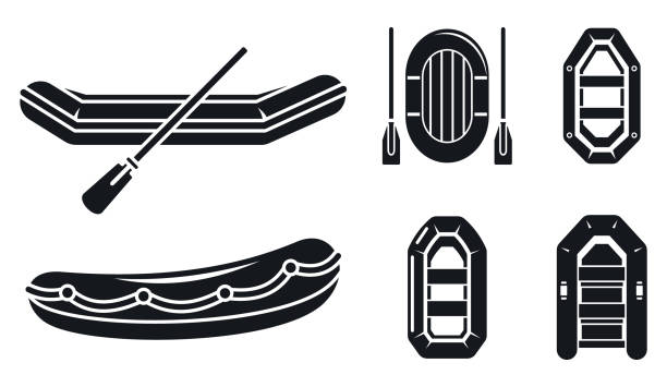 fluss aufblasbare boot symbole set, einfacher stil - schlauchboot stock-grafiken, -clipart, -cartoons und -symbole