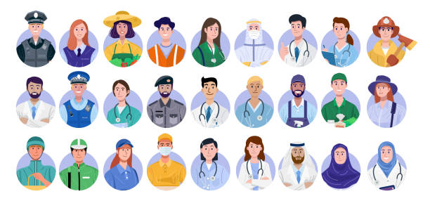 ilustrações de stock, clip art, desenhos animados e ícones de set of essential workers avatar isolated on white background. vector - various occupations illustrations