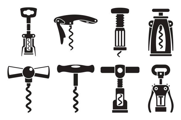 korkenzieher öffner icons set, einfacher stil - flaschenöffner stock-grafiken, -clipart, -cartoons und -symbole